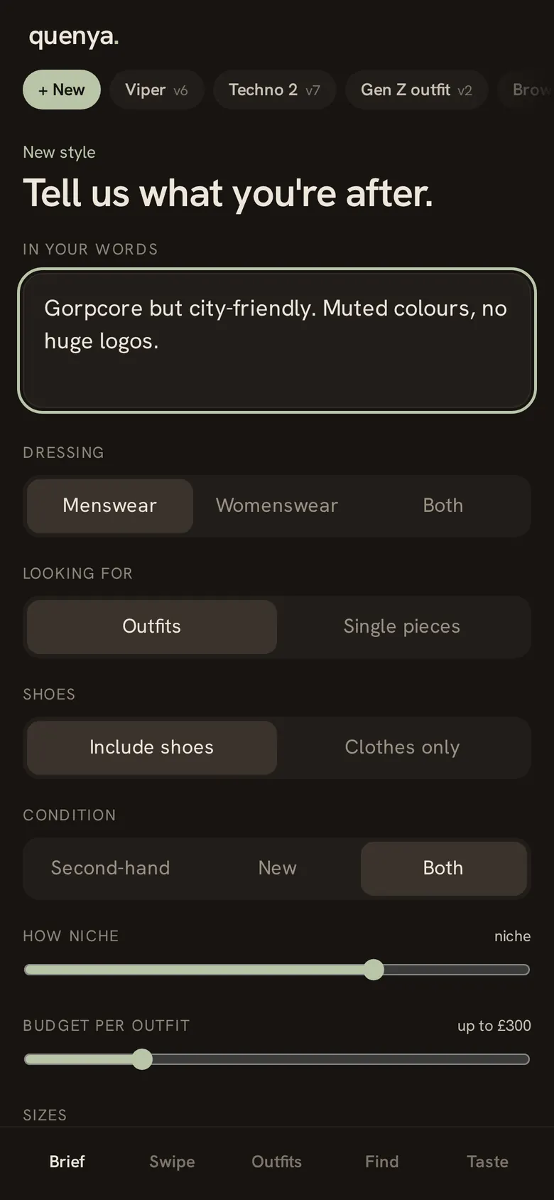 Quenya new style screen: a typed brief, dressing, condition, a How niche slider and a budget slider
