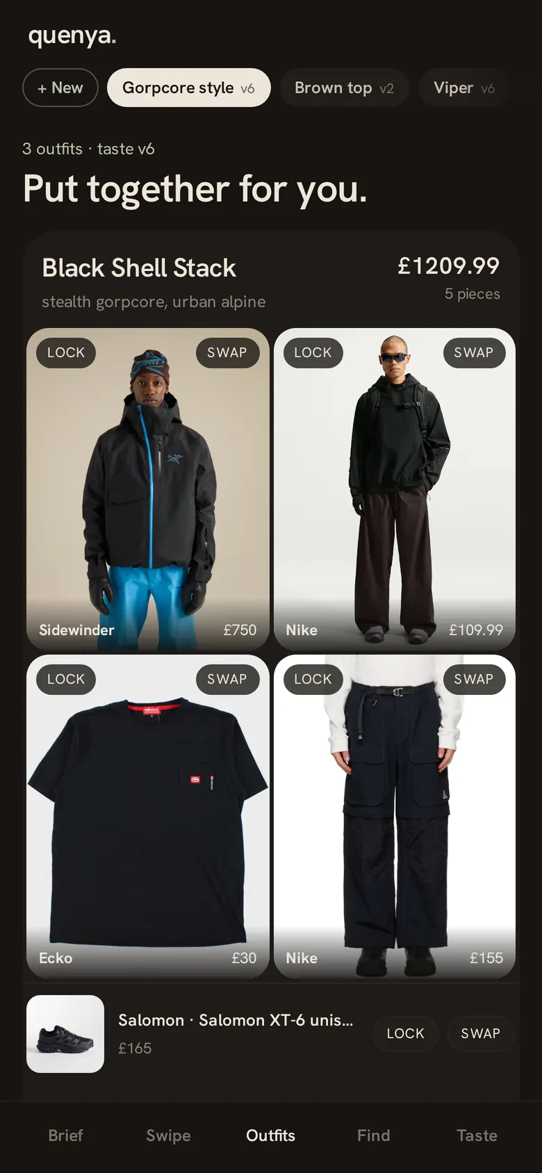 Quenya outfits screen: a layered gorpcore outfit with Lock and Swap on each piece
